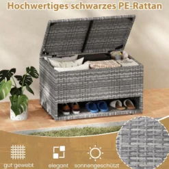 Gartenbox mit Schuhregal Polyrattan Auflagenbox Wetterfest mit Schutzliner & Deckel 186L 95 x 60 x 58 cm Grau