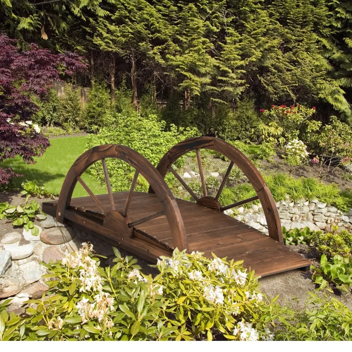 Gartenbrücke aus Holz Teichbrücke mit doppeltem Halbradgeländer 101 x 48,5 x 38 cm