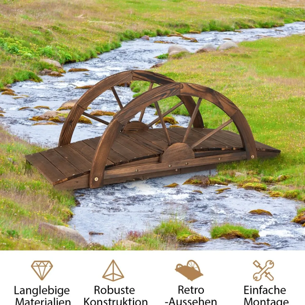 Gartenbrücke aus Holz Teichbrücke mit doppeltem Halbradgeländer 101 x 48,5 x 38 cm