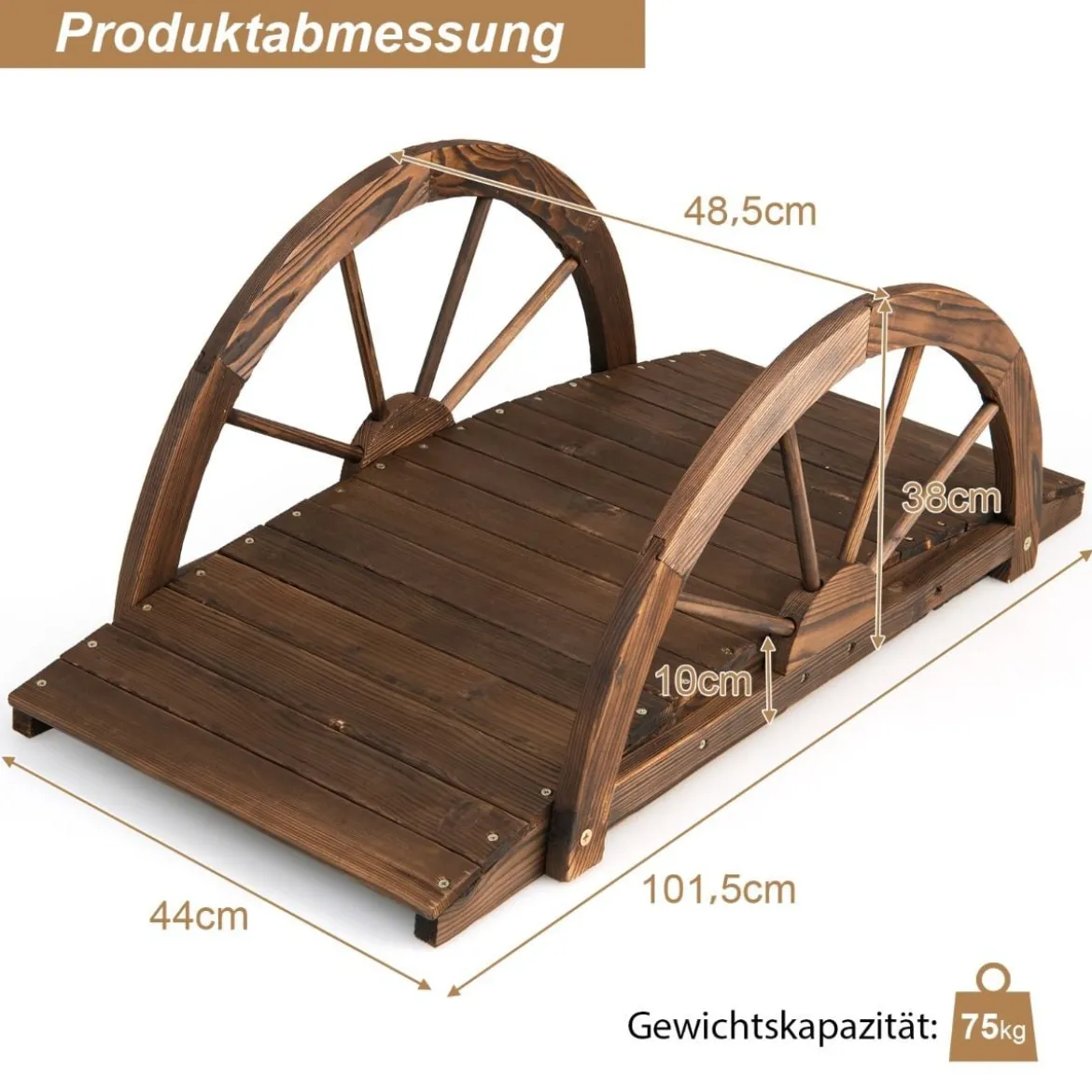 Gartenbrücke aus Holz Teichbrücke mit doppeltem Halbradgeländer 101 x 48,5 x 38 cm