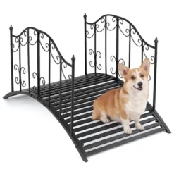 Gartenbrücke 118 cm Brücke aus Metall bis 150 kg Belastbar Teichbrücke mit Sicherheitsgeländern Schwarz