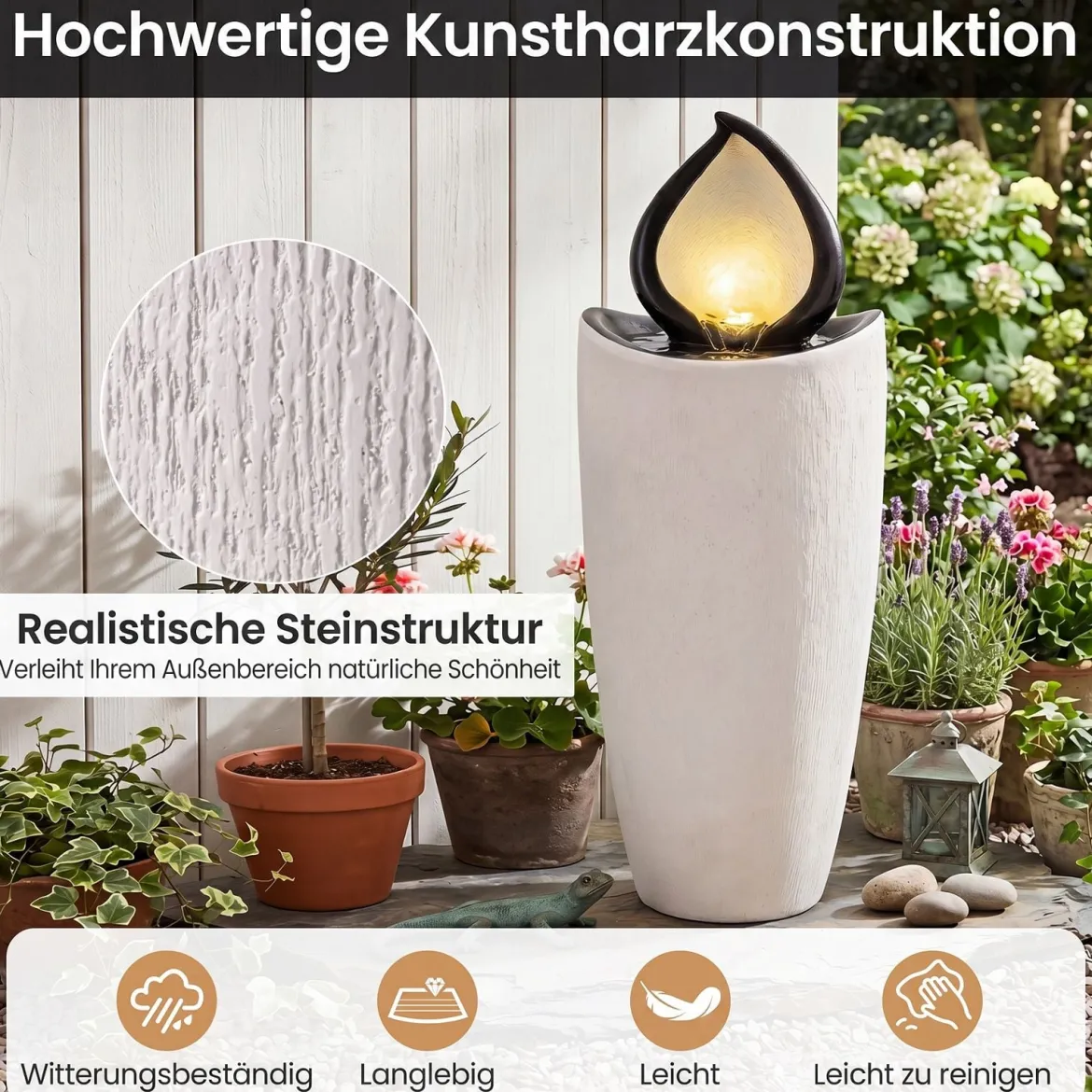 Gartenbrunnen 92 cm Springbrunnen mit LED-Beleuchtung Wetterfestes Wasserspiel aus Kunstharz