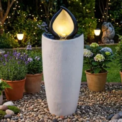 Gartenbrunnen 92 cm Springbrunnen mit LED-Beleuchtung Wetterfestes Wasserspiel aus Kunstharz