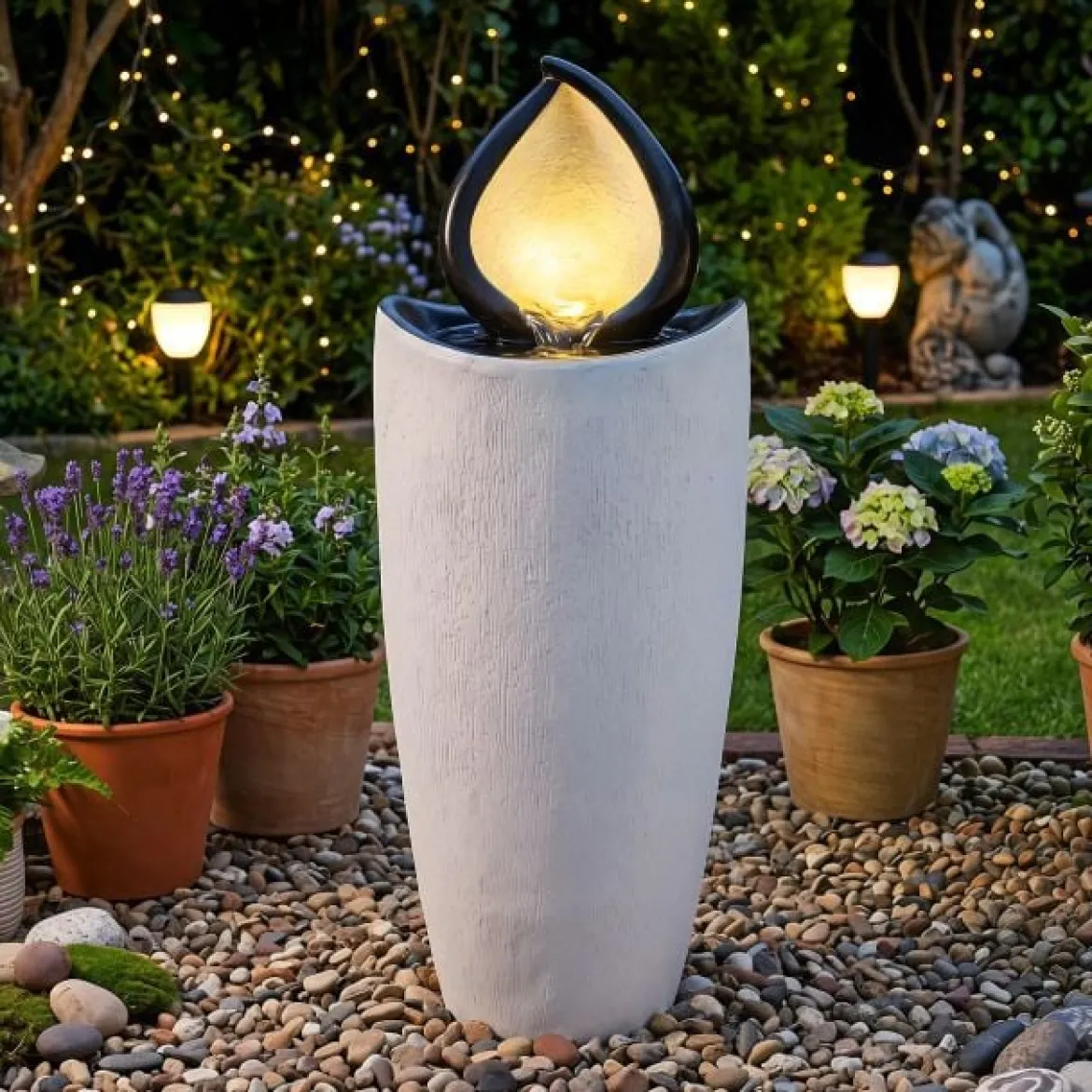 Gartenbrunnen 92 cm Springbrunnen mit LED-Beleuchtung Wetterfestes Wasserspiel aus Kunstharz