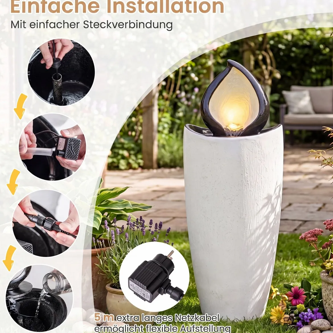 Gartenbrunnen 92 cm Springbrunnen mit LED-Beleuchtung Wetterfestes Wasserspiel aus Kunstharz