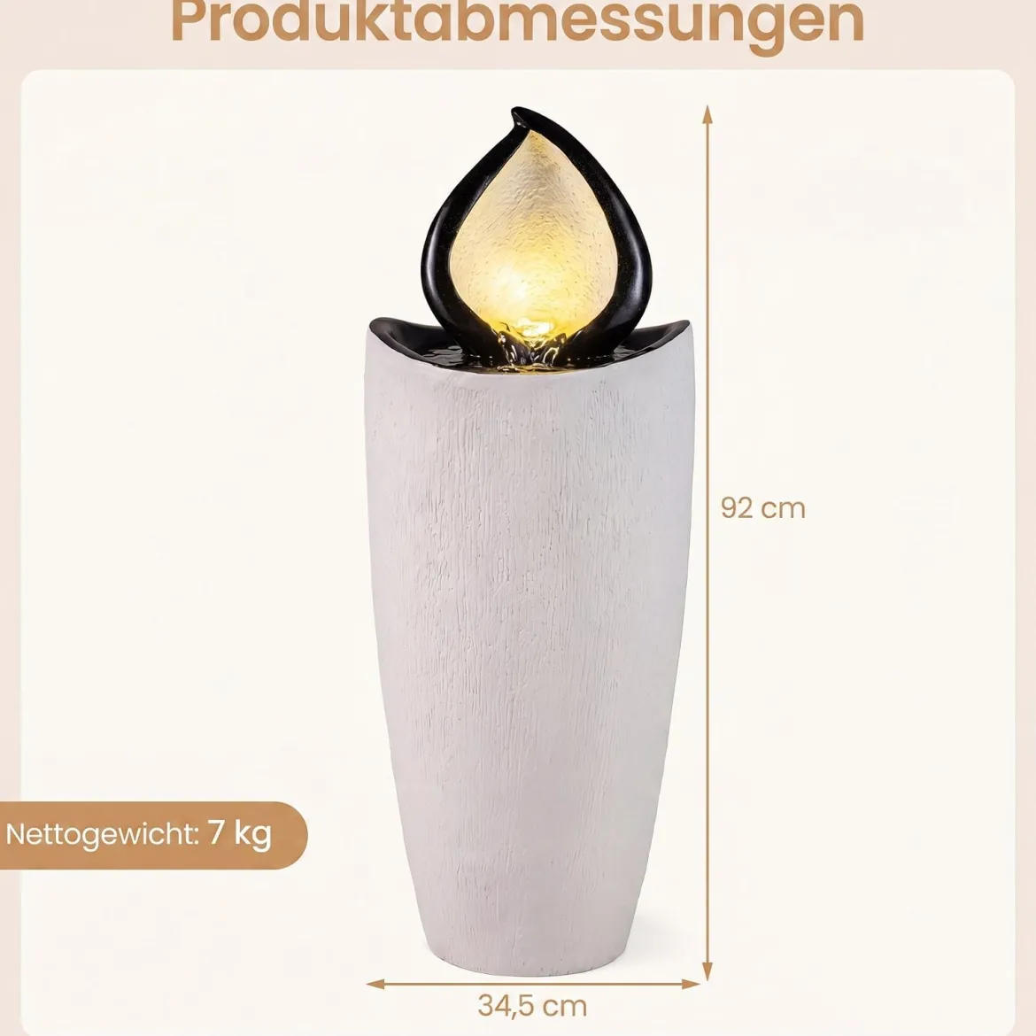 Gartenbrunnen 92 cm Springbrunnen mit LED-Beleuchtung Wetterfestes Wasserspiel aus Kunstharz