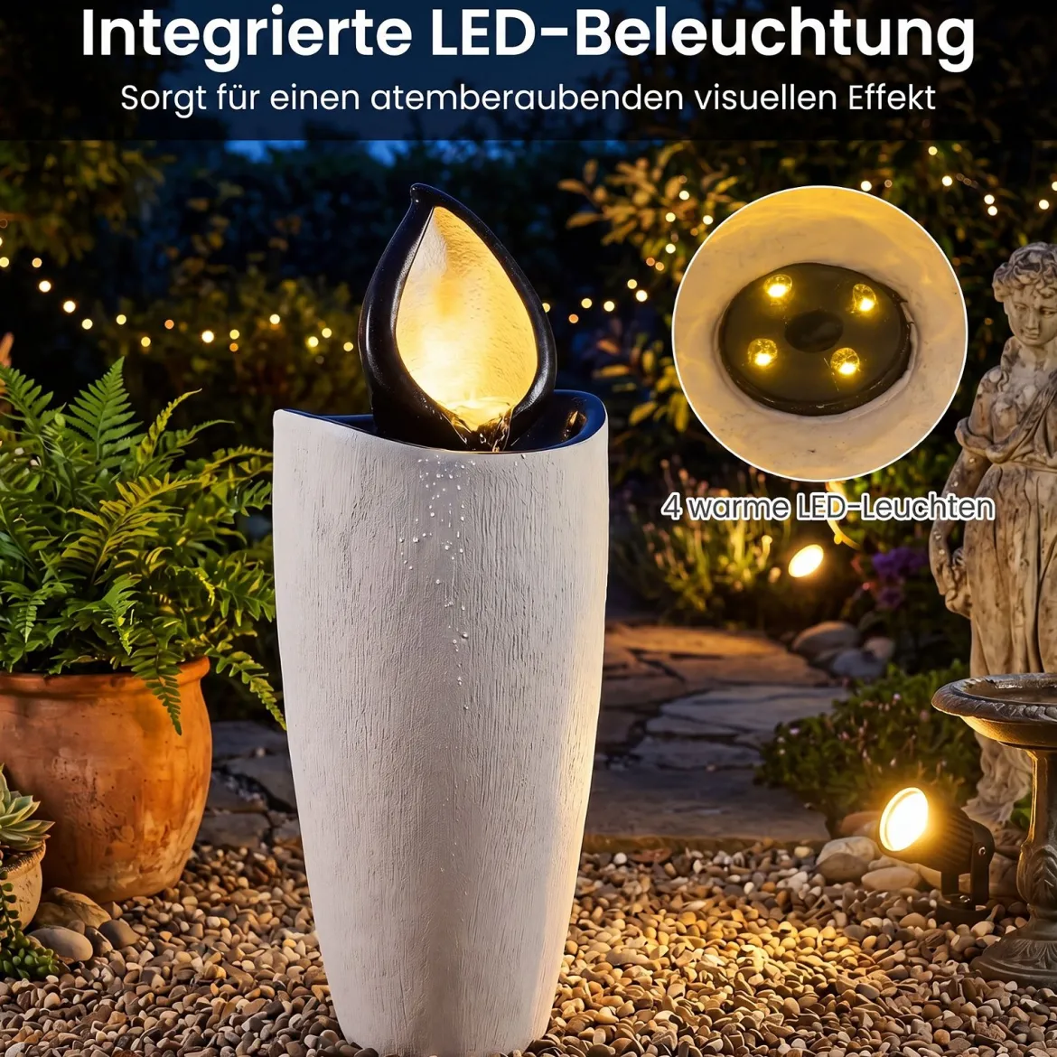 Gartenbrunnen 92 cm Springbrunnen mit LED-Beleuchtung Wetterfestes Wasserspiel aus Kunstharz