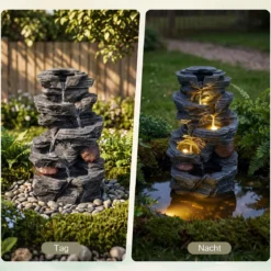 Gartenbrunnen mit LED-Beleuchtung 5-stufiger Springbrunnen aus Kunstharz 27 x 20,5 x 45,5 cm