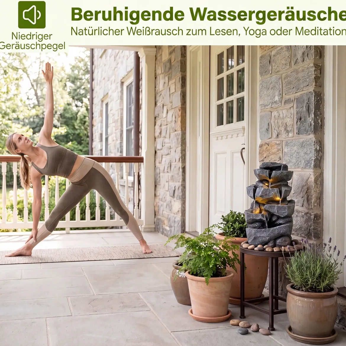 Gartenbrunnen mit LED-Beleuchtung 5-Stufiger Springbrunnen aus Kunstharz mit Leise Pumpe 29,5 x 21 x 47 cm