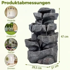 Gartenbrunnen mit LED-Beleuchtung 5-Stufiger Springbrunnen aus Kunstharz mit Leise Pumpe 29,5 x 21 x 47 cm