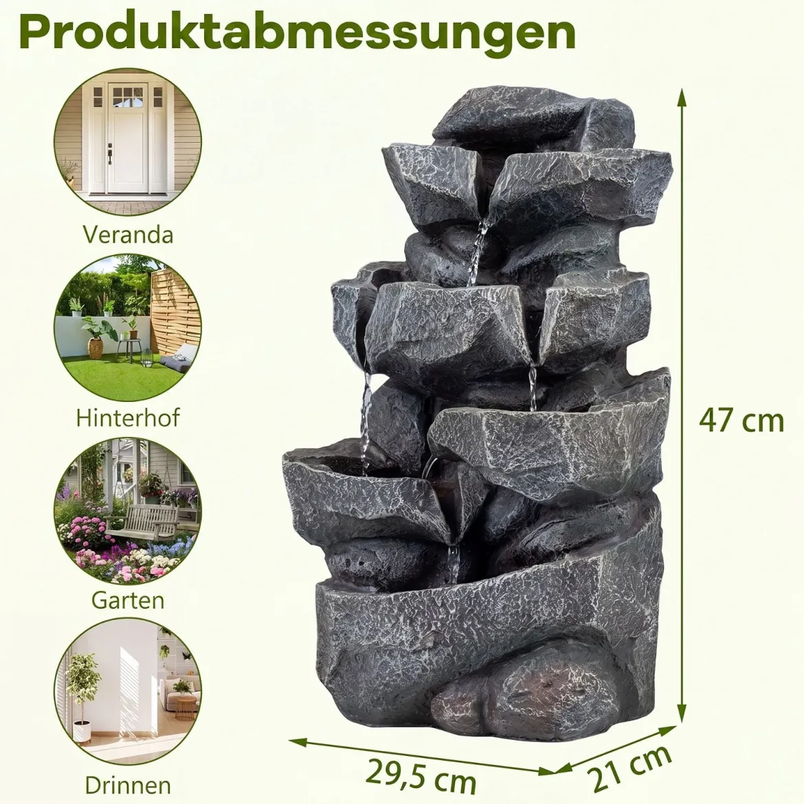 Gartenbrunnen mit LED-Beleuchtung 5-Stufiger Springbrunnen aus Kunstharz mit Leise Pumpe 29,5 x 21 x 47 cm