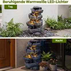Gartenbrunnen mit LED-Beleuchtung 5-Stufiger Springbrunnen aus Kunstharz mit Leise Pumpe 29,5 x 21 x 47 cm