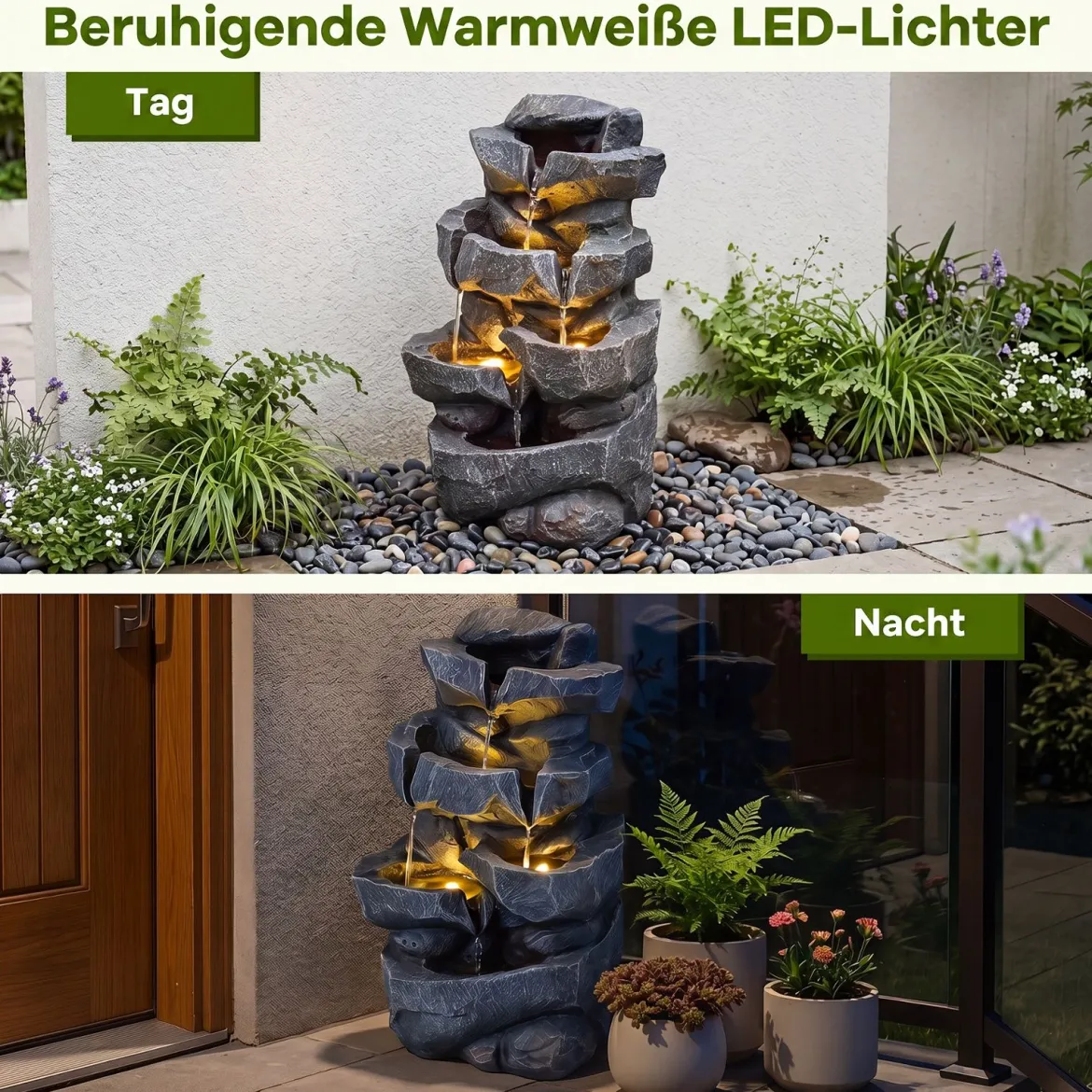 Gartenbrunnen mit LED-Beleuchtung 5-Stufiger Springbrunnen aus Kunstharz mit Leise Pumpe 29,5 x 21 x 47 cm