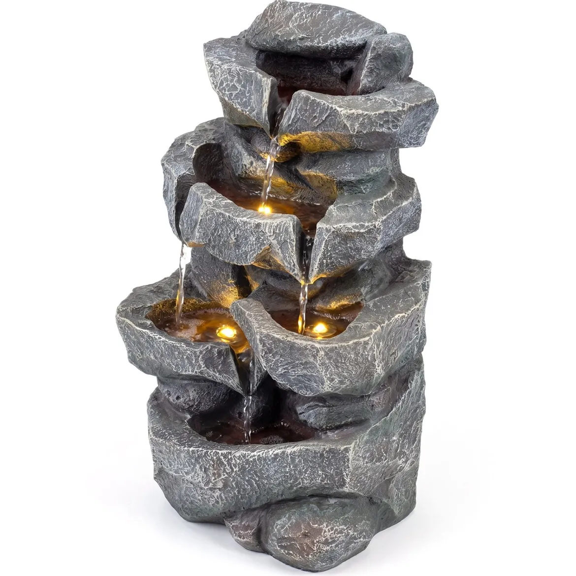 Gartenbrunnen mit LED-Beleuchtung 5-Stufiger Springbrunnen aus Kunstharz mit Leise Pumpe 29,5 x 21 x 47 cm