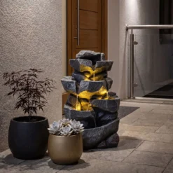 Gartenbrunnen mit LED-Beleuchtung 5-Stufiger Springbrunnen aus Kunstharz mit Leise Pumpe 29,5 x 21 x 47 cm