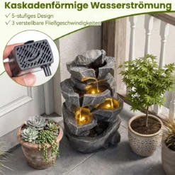 Gartenbrunnen mit LED-Beleuchtung 5-Stufiger Springbrunnen aus Kunstharz mit Leise Pumpe 29,5 x 21 x 47 cm