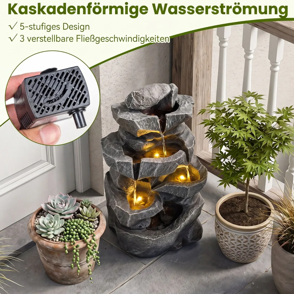 Gartenbrunnen mit LED-Beleuchtung 5-Stufiger Springbrunnen aus Kunstharz mit Leise Pumpe 29,5 x 21 x 47 cm