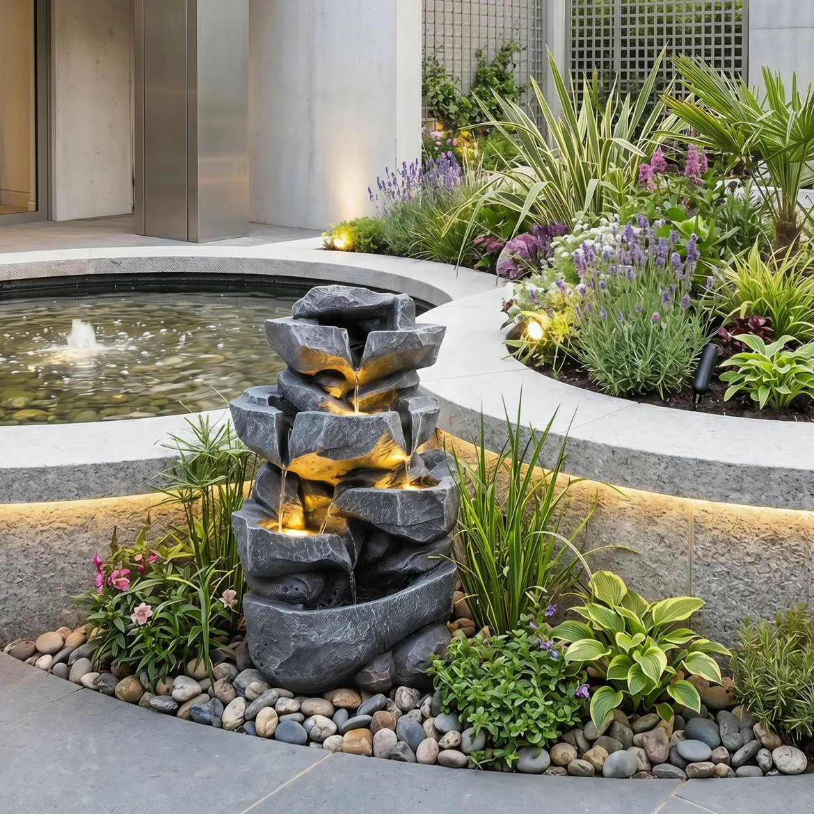 Gartenbrunnen mit LED-Beleuchtung 5-Stufiger Springbrunnen aus Kunstharz mit Leise Pumpe 29,5 x 21 x 47 cm