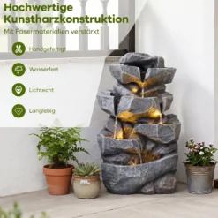 Gartenbrunnen mit LED-Beleuchtung 5-Stufiger Springbrunnen aus Kunstharz mit Leise Pumpe 29,5 x 21 x 47 cm