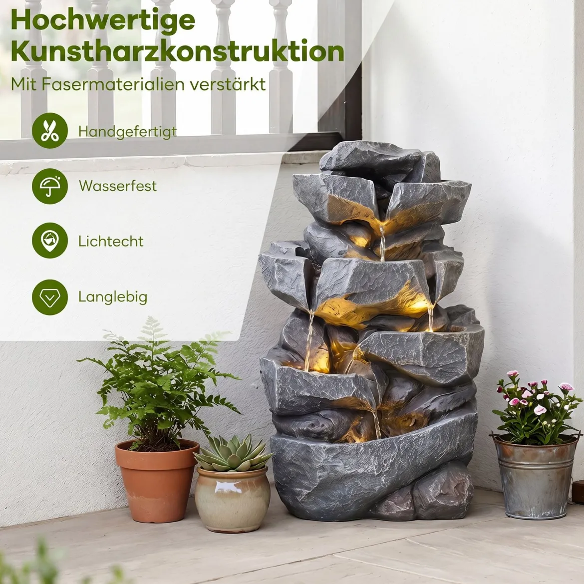Gartenbrunnen mit LED-Beleuchtung 5-Stufiger Springbrunnen aus Kunstharz mit Leise Pumpe 29,5 x 21 x 47 cm