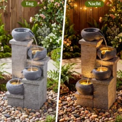 Gartenbrunnen mit LED-Licht Zimmerbrunnen aus Kunstharz & Glasfaser Springbrunnen 28 x 22 x 58 cm