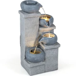 Gartenbrunnen mit LED-Licht Zimmerbrunnen aus Kunstharz & Glasfaser Springbrunnen 28 x 22 x 58 cm