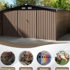 Gartenhaus Metall 350 x 350 x 198 cm Gerätehaus mit Schrägdach & 4 Belüftungsöffnungen Grau