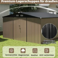 Gartenhaus Metall 350 x 350 x 198 cm Gerätehaus mit Schrägdach & 4 Belüftungsöffnungen Grau