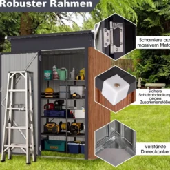 Gartenhaus Metall 150 x 90,5 x 185 cm 1,5 m³ Gerätehaus mit Pultdach Braun/Grün/Hellgrau/Dunkelgrau