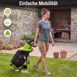 Gartenhäcksler Elektrisch 2500W Messerhäcksler für Äste bis 45 mm 21:1 Häckselverhältnis Grün