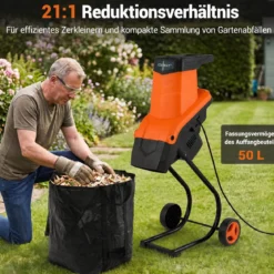 Gartenhäcksler Elektrisch 2500W Messerhäcksler für Äste bis 45 mm 21:1 Häckselverhältnis Orange