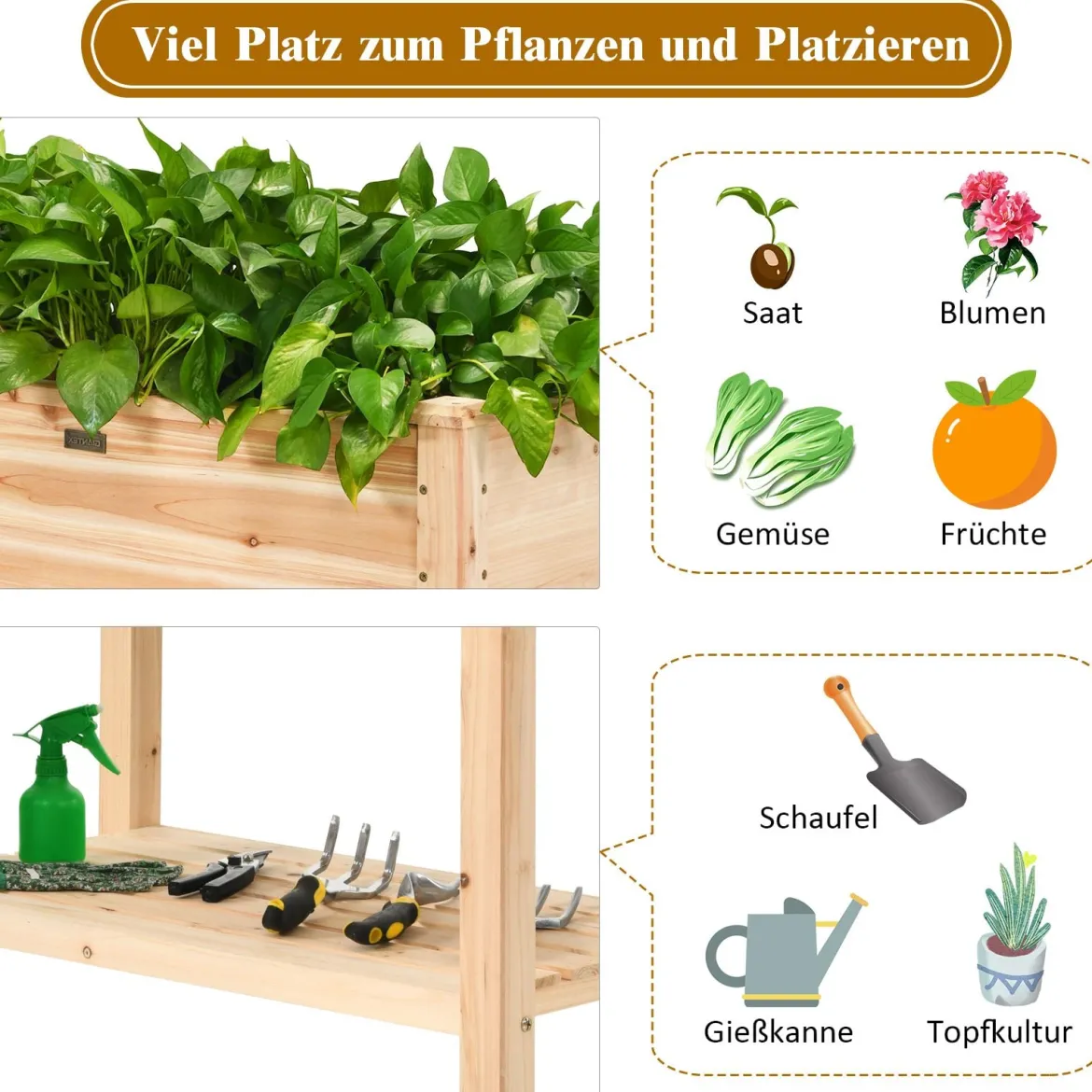 Gartenhochbeet Holz-Hochbeet mit Beinen Pflanztrog aus Holz Pflanzbeet groß mit Ablage 86 x 46 x 76 cm
