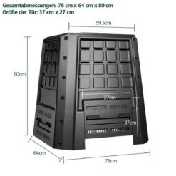 Garten Komposter 380 L PP Thermokomposter mit Deckel & verstellbaren Luftschlitzen 78 x 64 x 80 cm Schwarz