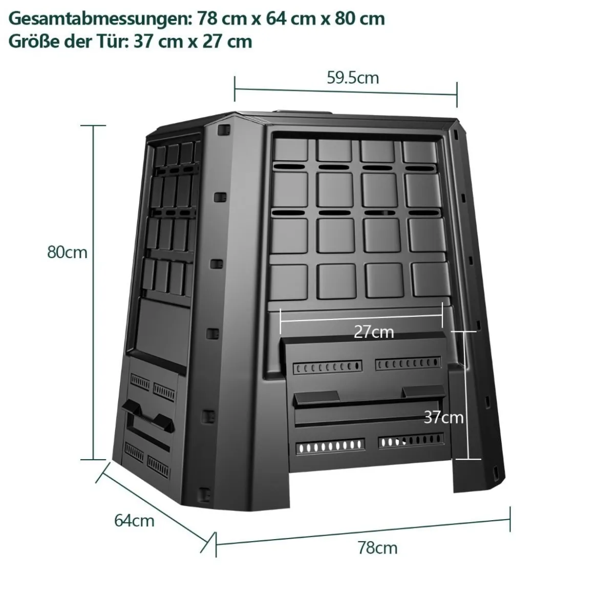 Garten Komposter 380 L PP Thermokomposter mit Deckel & verstellbaren Luftschlitzen 78 x 64 x 80 cm Schwarz