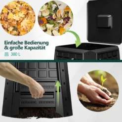 Garten Komposter 380 L PP Thermokomposter mit Deckel & verstellbaren Luftschlitzen 78 x 64 x 80 cm Schwarz