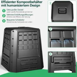 Garten Komposter 380 L PP Thermokomposter mit Deckel & verstellbaren Luftschlitzen 78 x 64 x 80 cm Schwarz