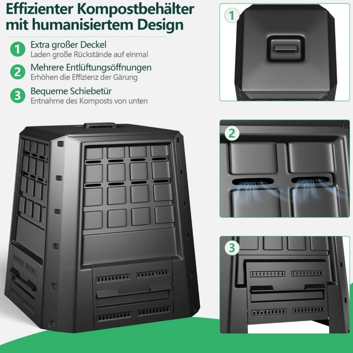 Garten Komposter 380 L PP Thermokomposter mit Deckel & verstellbaren Luftschlitzen 78 x 64 x 80 cm Schwarz
