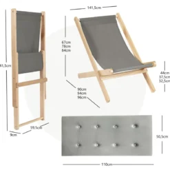 Gartenliege Klappbarer Holzstuhl mit Kissen für den Poolbereich Natur + Grau