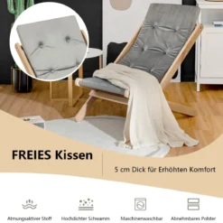Gartenliege Klappbarer Holzstuhl mit Kissen für den Poolbereich Natur + Grau