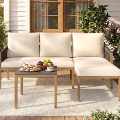 Gartenlounge mit Tisch & Kissen 3-teilige Sitzgruppe Gartenmöbel Sitzgarnitur für Garten