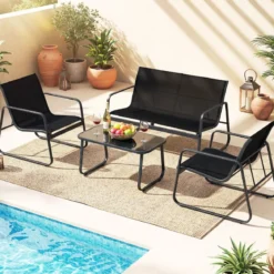 Gartenmöbel Set mit 2 Stühlen & Bank & Tisch & Kissen Outdoor Lounge Möbel Sitzgruppe Grau