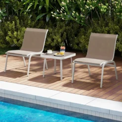 Gartenmöbel Set 3-teilig Balkonset mit 2 Stühlen & Beistelltisch Outdoor Sitzgruppe mit Glasplatte Beige