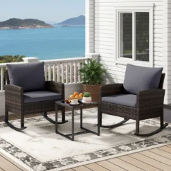 Gartenmöbel Set 3-Teiliges Balkonmöbel aus Rattan mit 2 Schaukelstühlen & Glastisch Grau/Beige