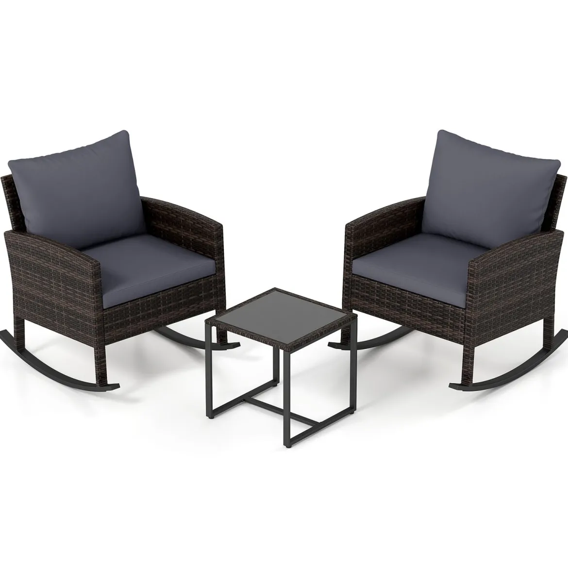 Gartenmöbel Set 3-Teiliges Balkonmöbel aus Rattan mit 2 Schaukelstühlen & Glastisch Grau/Beige