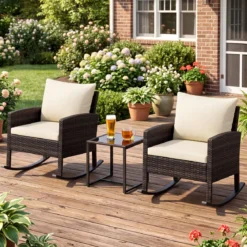 Gartenmöbel Set 3-Teiliges Balkonmöbel aus Rattan mit 2 Schaukelstühlen & Glastisch Grau/Beige