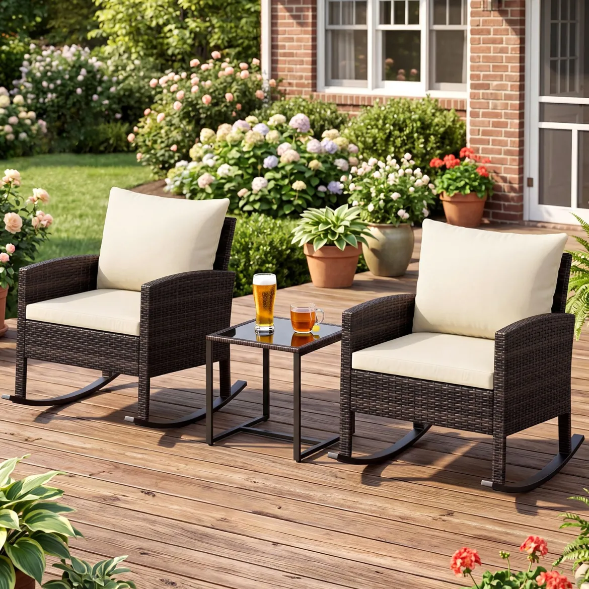 Gartenmöbel Set 3-Teiliges Balkonmöbel aus Rattan mit 2 Schaukelstühlen & Glastisch Grau/Beige