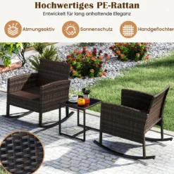 Gartenmöbel Set 3-Teiliges Balkonmöbel aus Rattan mit 2 Schaukelstühlen & Glastisch Grau/Beige