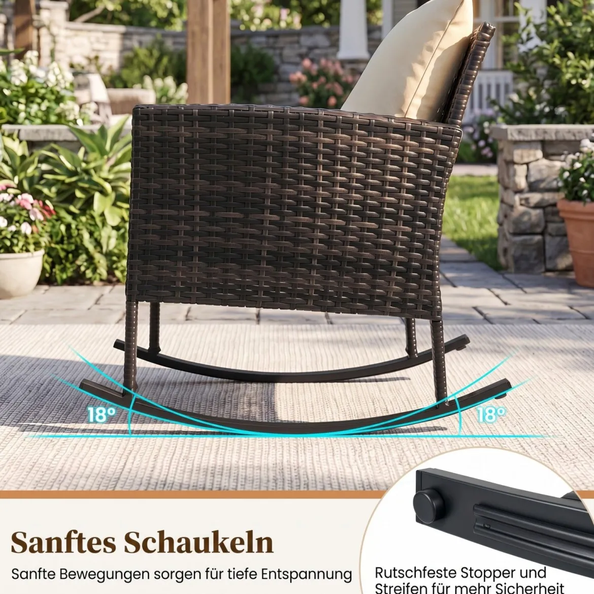 Gartenmöbel Set 3-Teiliges Balkonmöbel aus Rattan mit 2 Schaukelstühlen & Glastisch Grau/Beige