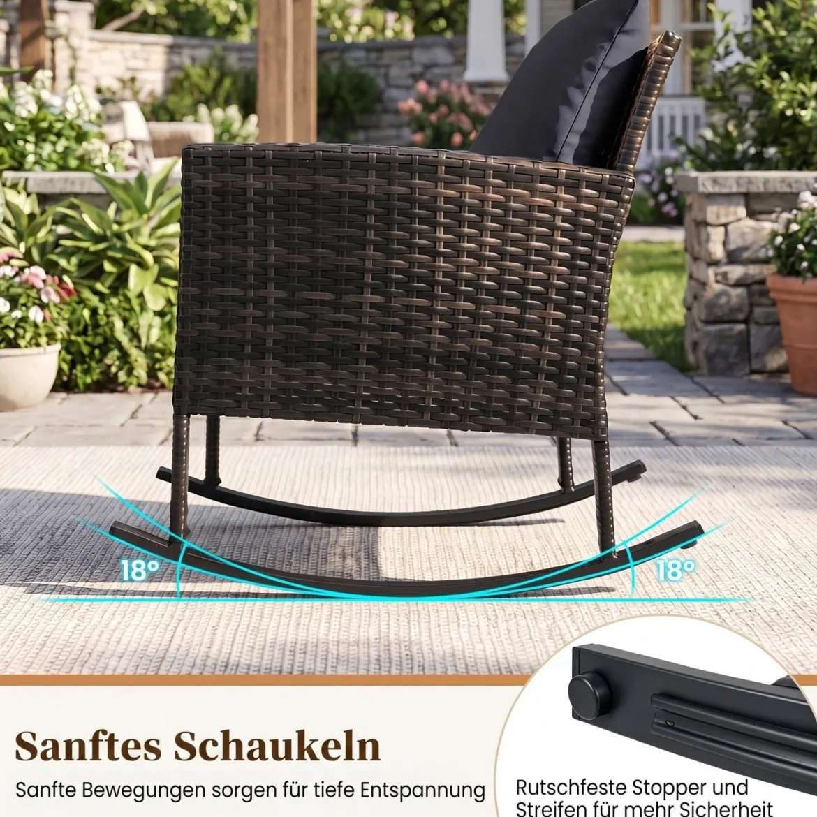 Gartenmöbel Set 3-Teiliges Balkonmöbel aus Rattan mit 2 Schaukelstühlen & Glastisch Grau/Beige