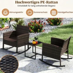 Gartenmöbel Set 3-Teiliges Balkonmöbel aus Rattan mit 2 Schaukelstühlen & Glastisch Grau/Beige